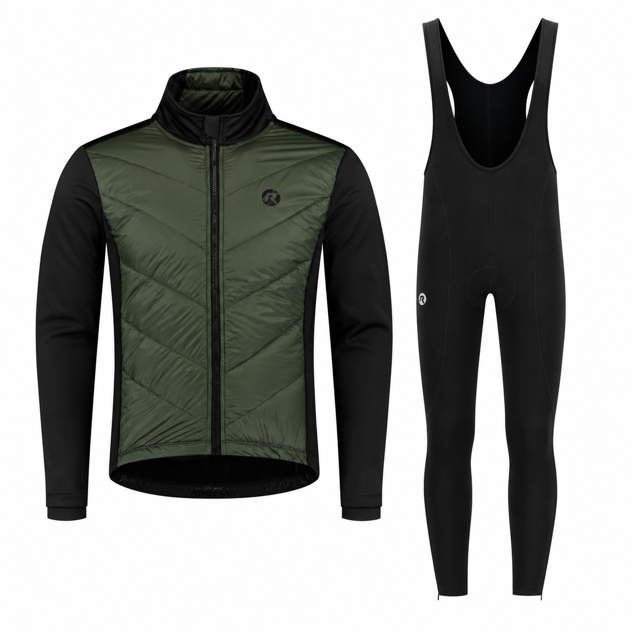 Rogelli Winter Fietsoutfit Heren – Wadded II Winterjack Legergroen/Zwart & Core Bibtight Zwart